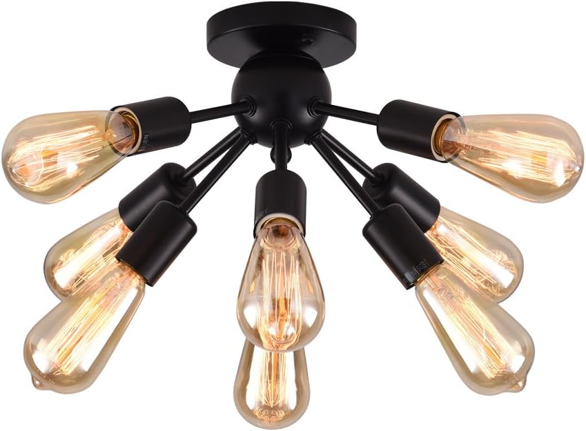 mirrea Mid-Century Semi-Flush Mount Sputnik Ceiling Light with 8 Lights for Foyer Entry Way Hallway Kitchen Dining Room Small Bedroom Living Room Black Painted Metal Fixture