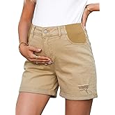 BLENCOT Maternity Jean Shorts for Women Under Belly Pregnancy Trendy Ripped Casual Summer Fold Hem Stretchy Shorts Denim