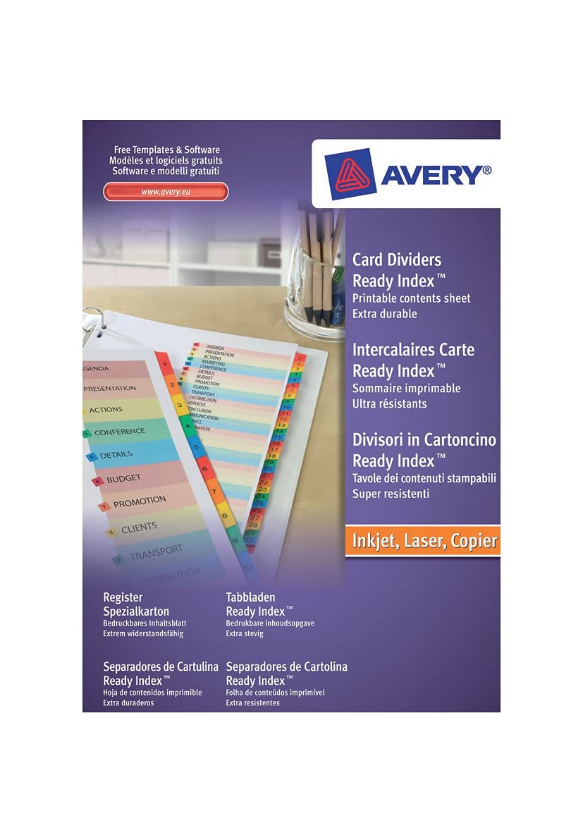 Avery 01735501 200gsm Pre-Printed Dividers, Multicoloured Tabs 1-10 (A4)