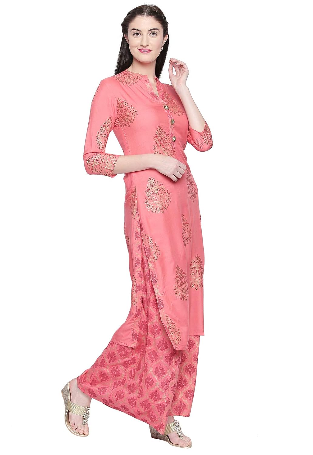 ishin women's pink rayon a-line printed kurta palazzo sets