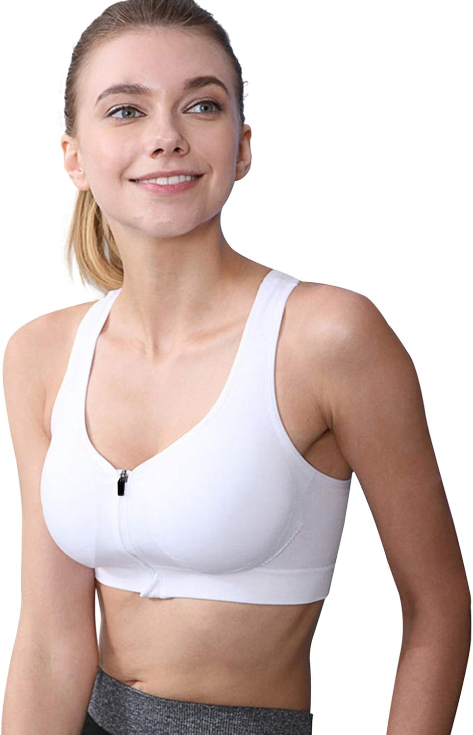 White Foxlim Womens Zip Front Sports Bra Yoga Bras Removable Pads