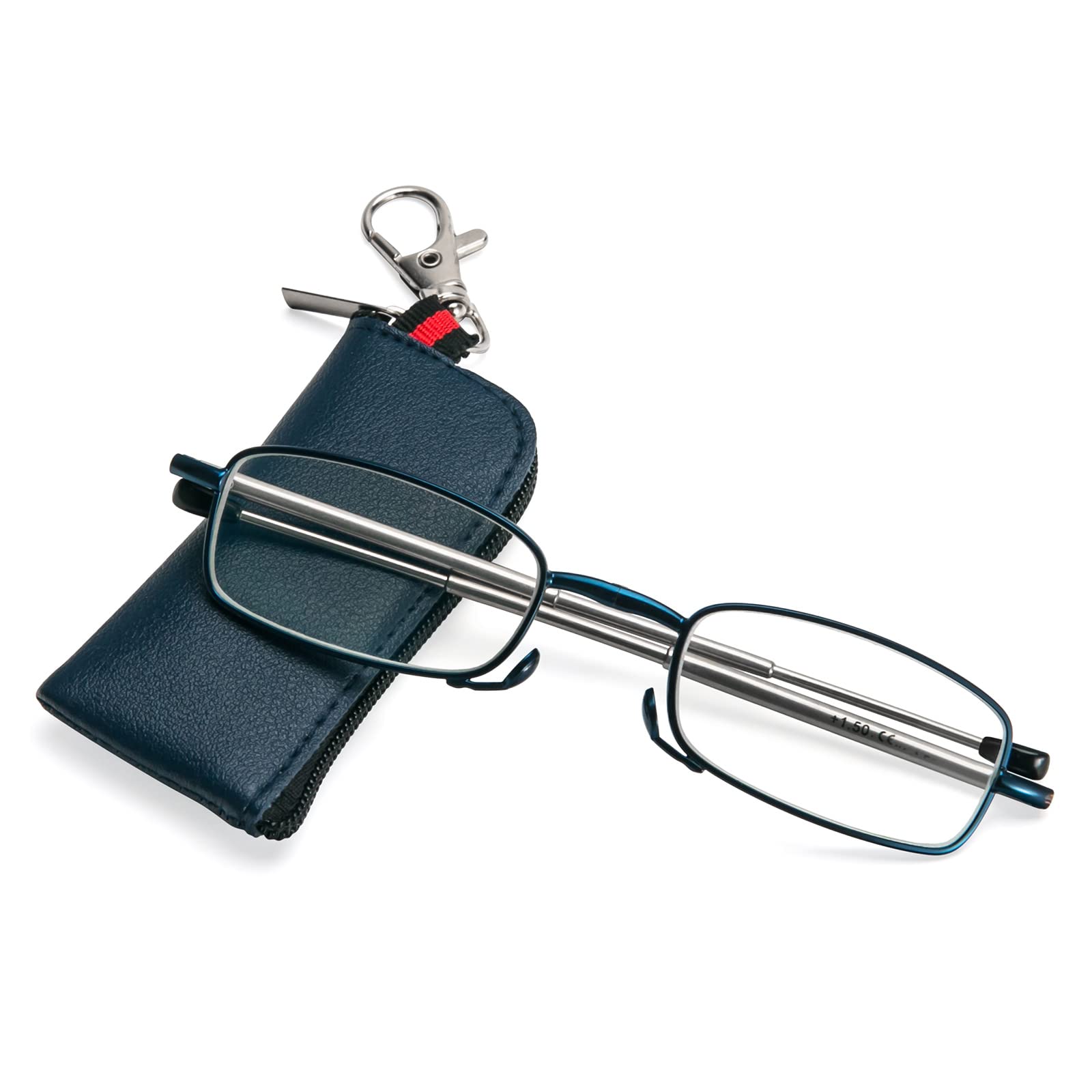 MMOWW Folding Reading Glasses Mini Compact Portable Pocket for Men Women With Zipper Keychain Foldable Glasses Blue Light Blocking (Blue, +1.0)