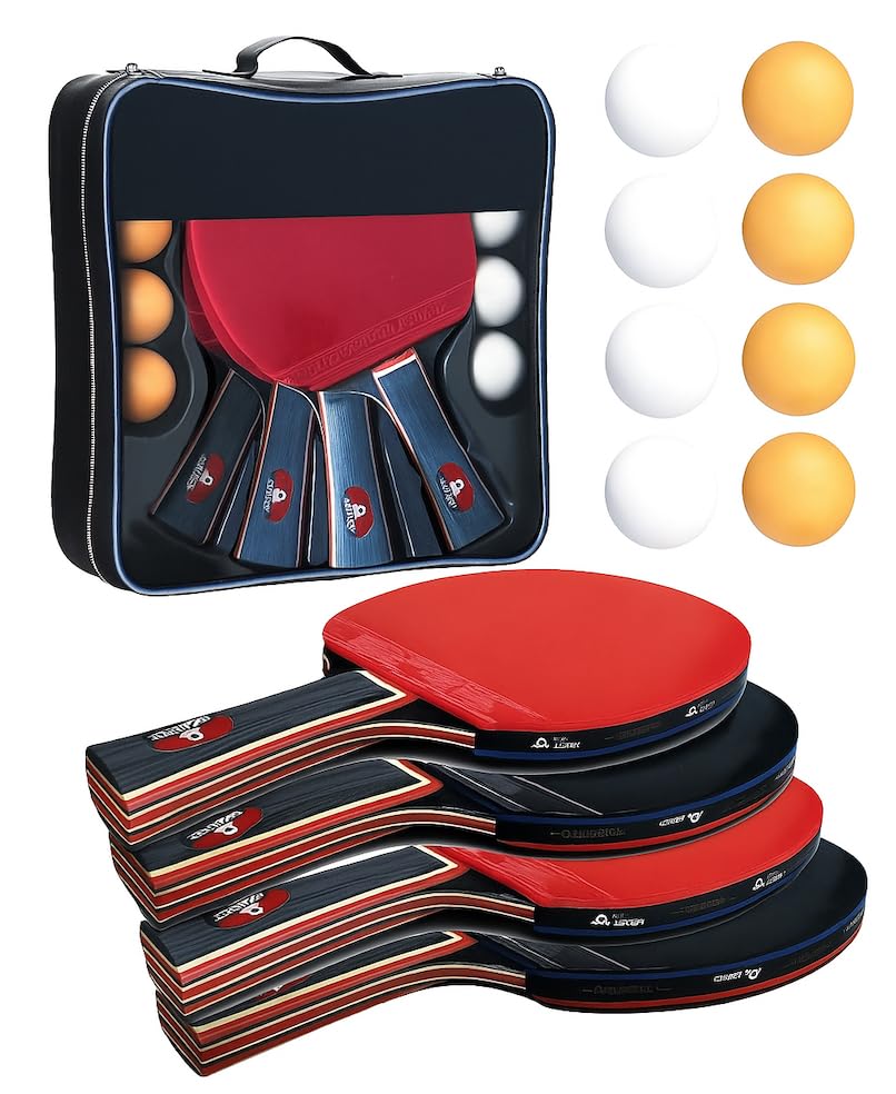 UNIQU Table Tennis Set, Portable Table Tennis Bats and Balls, Ping Pong Paddle for Adult Table Tennis Racket Set with Compact Storage Case (4 Players Set)
