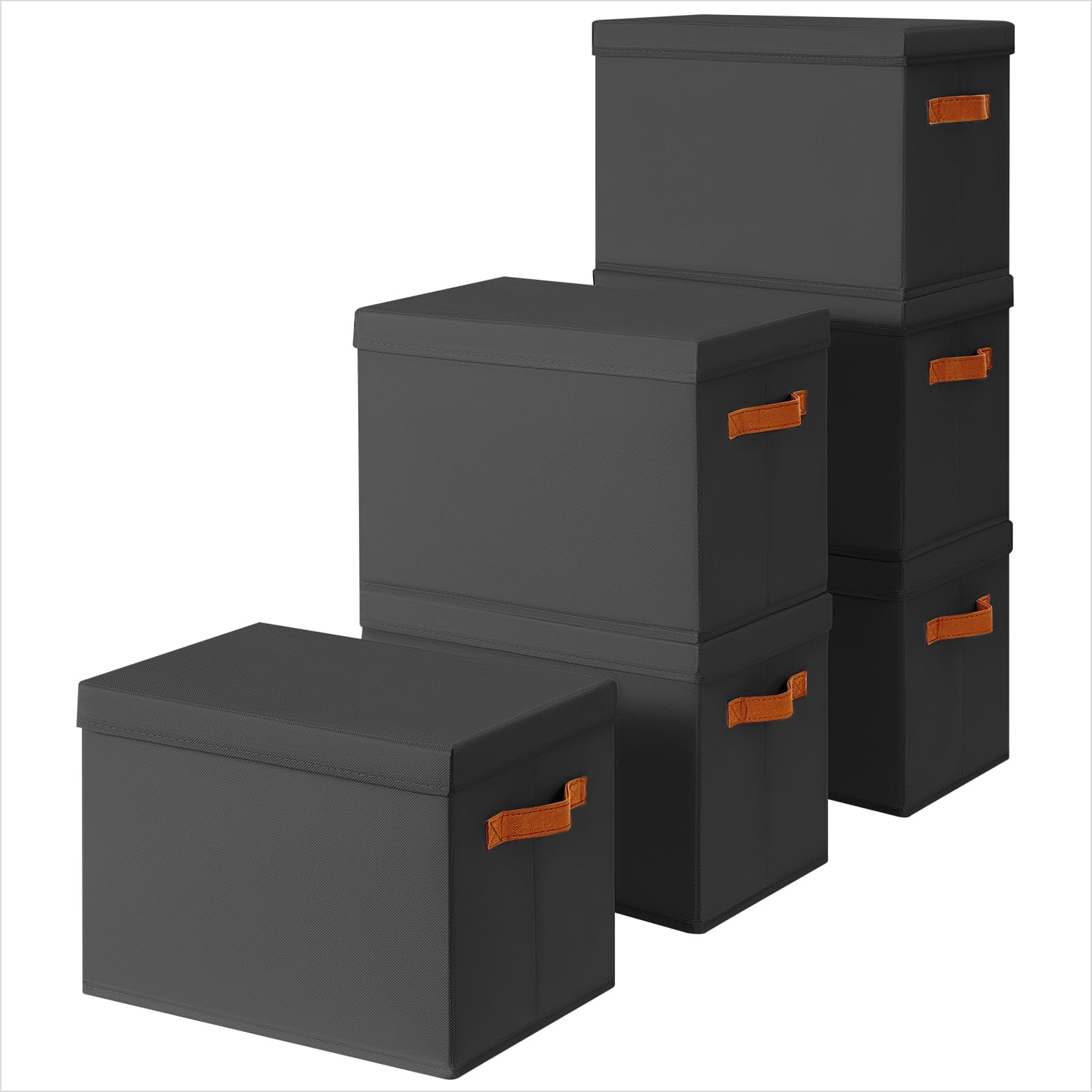 Homsorout Storage Bins with Lids - Fabric Storage Baskets for Shelves, 6 Pack Foldable Decorative Boxes with Handles, Stackable Organizer Bins for Home, Nursery, Dorm, Black