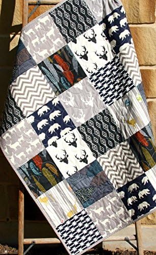 Woodland Boy Quilt Baby Bedding Modern Aztec Elk Deer Bears Feathers Antlers Navy Blue Grey Buck Chevron Handmade Crib or Toddler Size