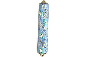 GoodLight USA Bless This House, Mezuzah Case - Mezuzah Cover, Pomegranate Tree Design Crafted in Heavy Brass, Jerusalem Judaica, Israel, Door Mezuza Case 4" (Blue)