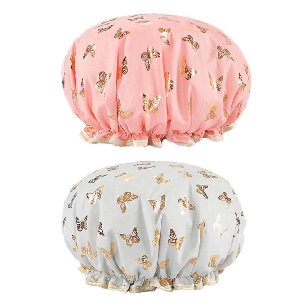 Belegao 2pcs Bath Caps with Elastic Band - Double Layers Shower Cap Waterproof Oilproof Ruffled Covering Ears 27cm Wide Cute Printed for Adults and Kids