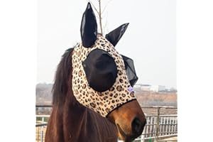 Horzmetnex Stretchy Horse Fly Mask with Ears, Extra-Large Eyes & Mane Opening – Soft, Breathable Fly Mask for Horses, Tangle-Free Design, Enhanced Visibility (Leopard Print, Cob (Medium))