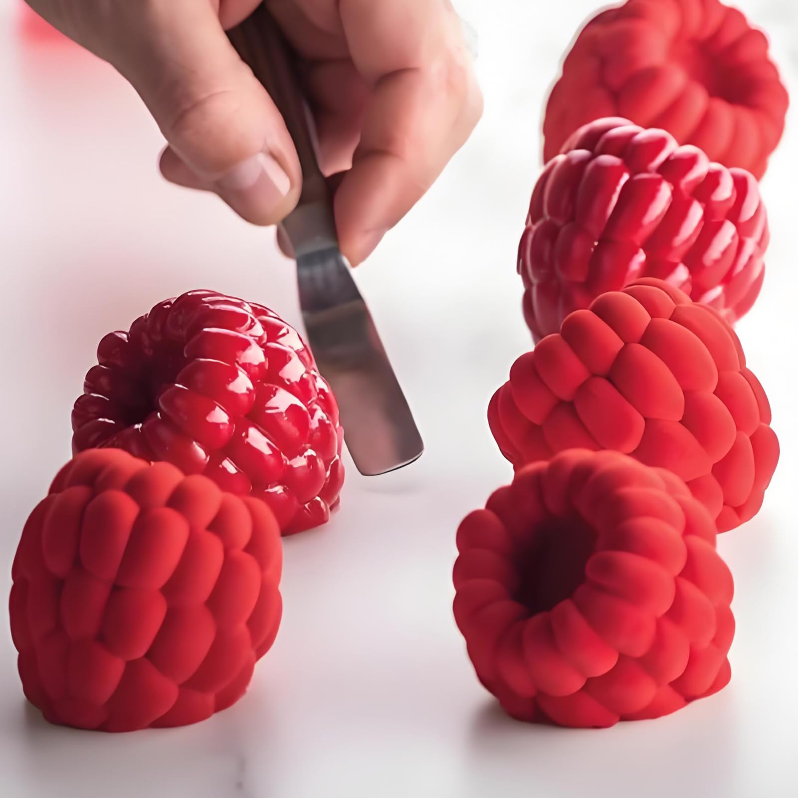 6-Cavity Raspberry Silicone Molds for Mousse Cake, Large Fluted Design, White