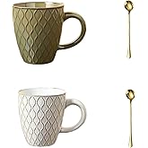 Retro embossment style Ceramics Coffee Mugs , Checkered Coffee Mug Set of 2, 15oz Espresso Cups for Beverages, Stacked Mug Set with Spoons for Housewarming Birthday Gift, Dishwasher Safe （White）