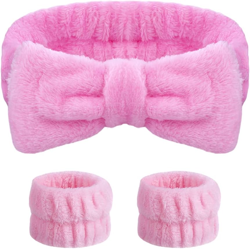 Aomig Spa Headbands Women Fluffy Bowknot Elastic Microfiber Pink 2 Wrist Straps