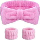 Aomig Spa Headbands Women Fluffy Bowknot Elastic Microfiber Pink 2 Wrist Straps