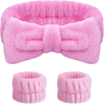 Aomig Spa Headbands Women Fluffy Bowknot Elastic Microfiber Pink 2 Wrist Straps