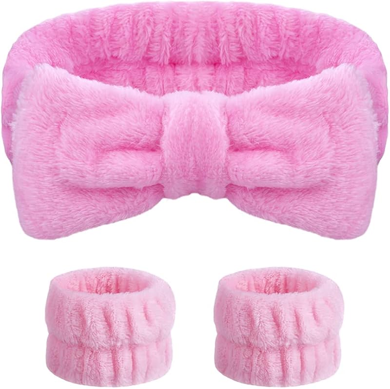 Aomig Spa Headbands Women Fluffy Bowknot Elastic Microfiber Pink 2 Wrist Straps