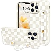 NITITOP Compatible with iPhone 13 Pro Case with Wrist Strap Kickstand Cute Trendy Checkerboard Plaid for Women Girls Slim Fit TPU Silicone Shockproof Full Camera Protective Cover - White
