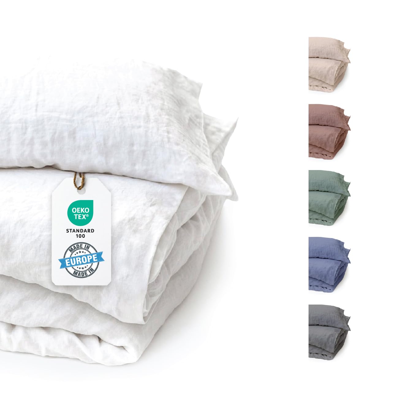 BLUE MOON Bed Linen 140 x 200 cm Linen Bed Linen [Oeko-Tex] - 2-Piece - 1 Duvet Cover 140 x 200 cm + 1 Pillowcase 70 x 90 cm - Luxurious Linen Bed Linen 100% Linen - Made in EU - Stone Washed - White