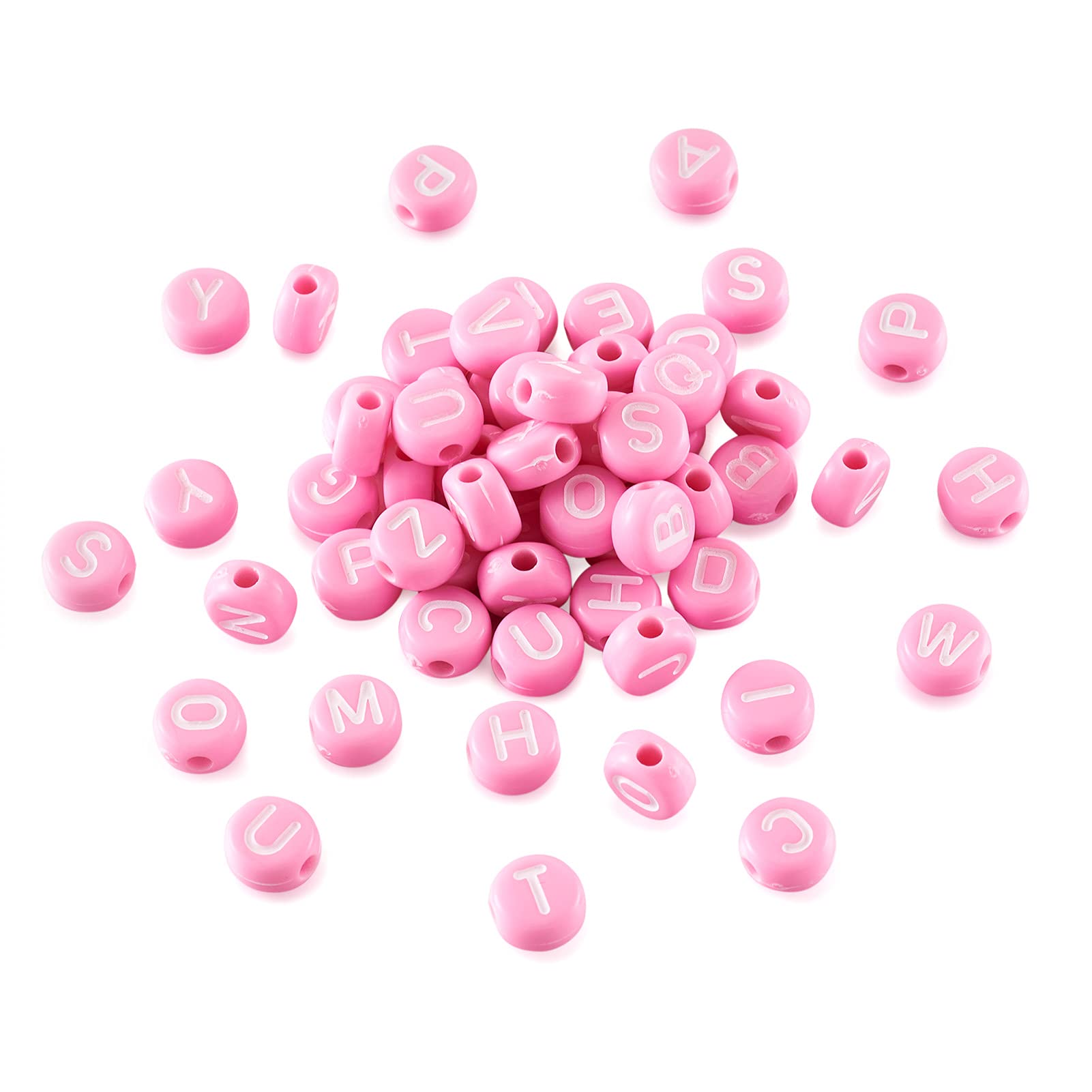 Beadthoven 200pcs Flat Round Acrylic Alphabet Beads Round Letter Loose Spacer Beads Initials 7x4mm Mini Pony Beads Pink Color for Jewelry Making DIY Projects Friendship Name Bracelets Hole:1mm