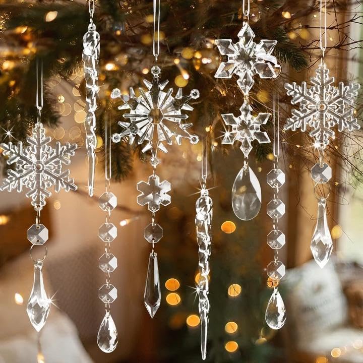Photo 1 of 18pcs Crystal Christmas Ornaments for Tree Decorations-Hanging Acrylic Snowflake Icicle Ornaments with Drop Pendants for Winter Wonderland Chandelier Crystals Decorations Supplies