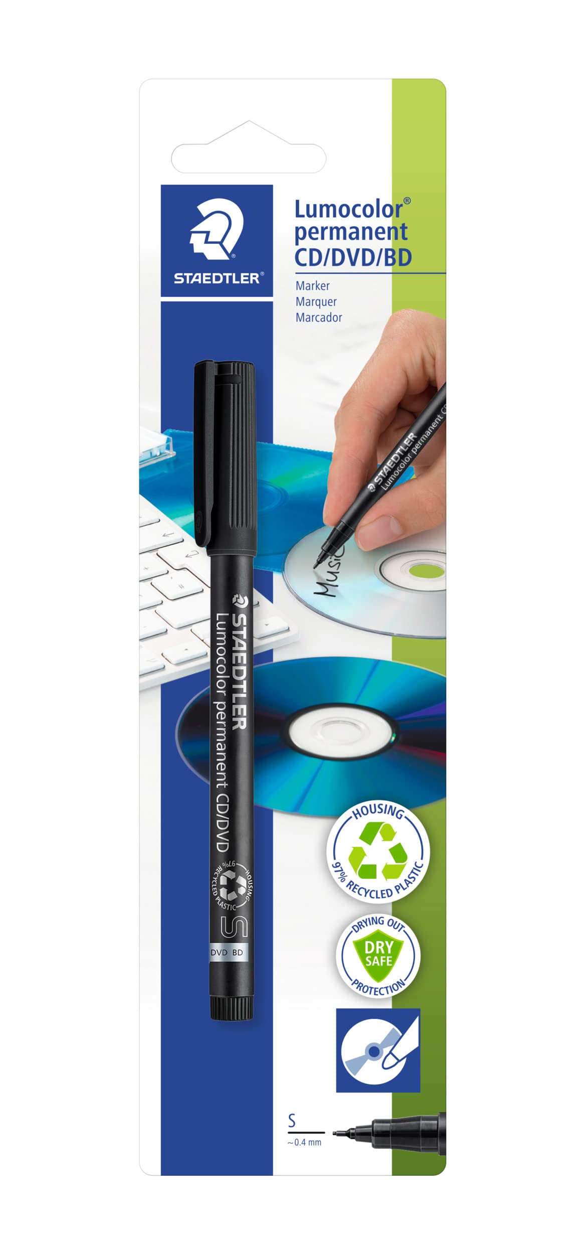 STAEDTLER 310-9CDBKD Lumocolor Permanent CD/DVD/BD Marker, 0.4mm Line Width - Black (Blistercard of 1)