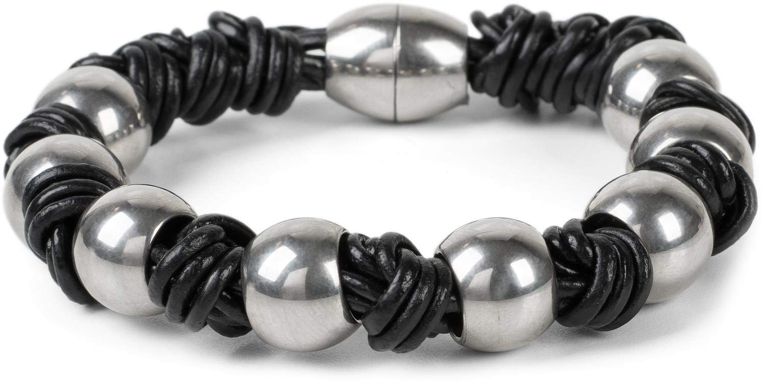 styleBREAKER bracelet with stainless steel balls and knotted cords with magnet closure, arm jewellery, unisex 05040174, color:Black-Silver