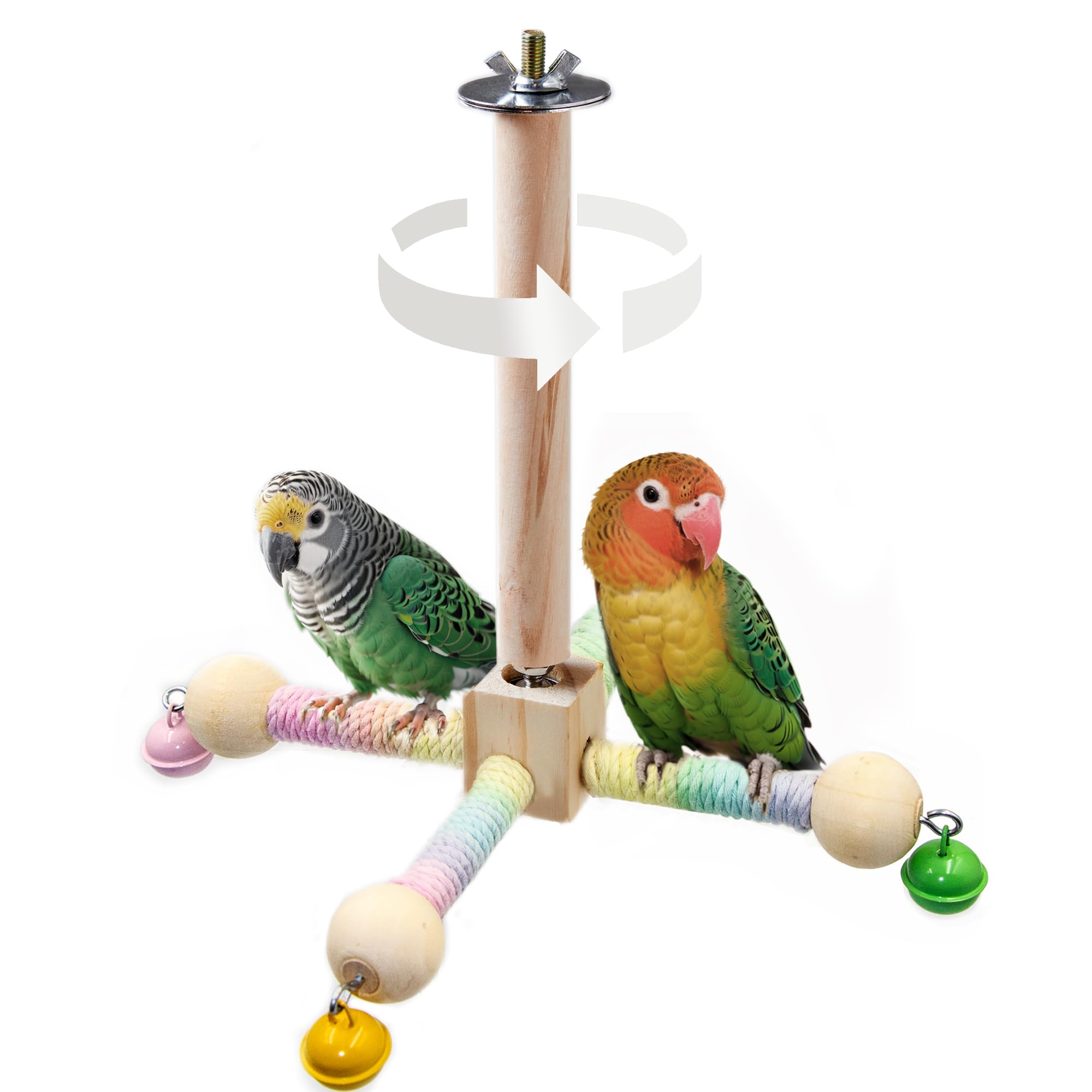 Photo 1 of Bird Stand Perch Toy with Bells, Interactive Spinning Parakeet Toys, Wooden Exercise Wheel Parrot Toy, Enrichment Cockatiel Toy for Birds Cage, Bird Cage Accessories Perch Toys for Budgies (S, Bells)