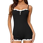 BONITEE Women One Piece Pajamas Lace Trim Sexy Square Neck Pjs Sleeveless Short Onesie Sleepwear Romper