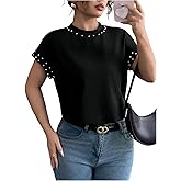 SweatyRocks Women's Short Sleeve Pearl Top Elegant Mock Neck Dressy Casual T Shirts