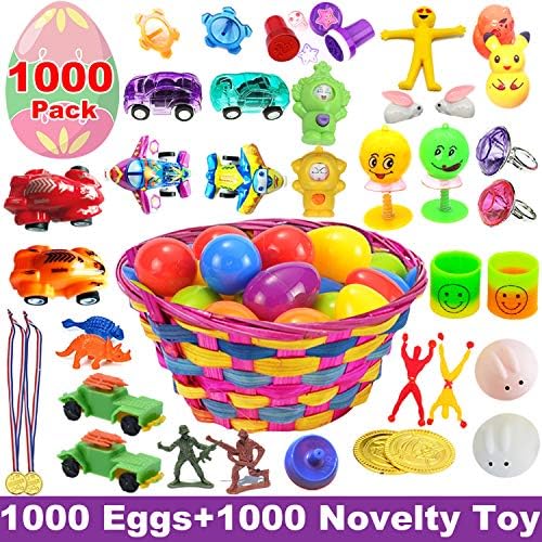 1000Pack Filled Easter Eggs -1000Pcs 2.5” Colorful Prefilled Plastic Easter Eggs with 1000Pcs Novelty Toys for Easter Theme Party Favor, Eggs Hunt, Basket Stuffers Fillers, Birthday Party Decorations