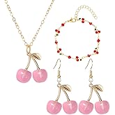 coadipress Cherry Earrings Bracelet Necklace Set for Women Charm Lifelike 3D Red Cherry Earrings Funny Cherrys Fruit Earring Bracelet and Necklaces Summer Tropical Cute Jewelry