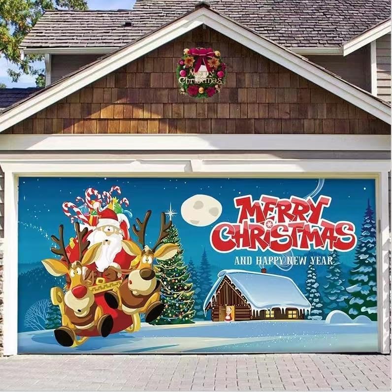 Garage Door Decorations - 7 x 16 ft Merry Christmas Holiday Banner Garage Door Cover Murals Winter Snowman Santa Outdoor Large Door Cover Decoration Indoor Outdoor Christmas Backdrop Decoration (Garage Door Decorations9)