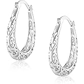 925 Sterling Silver Post Filigree Hoop Earrings for Women Hollow Oval Hoop Earrings Hypoallergenic U Shaped Hoops Earring for Jewelry Gifts