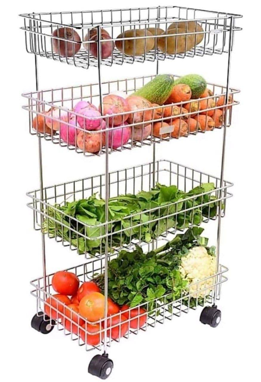 Stainless Steel 4Tier Fruits & Vegetable Onion Trolley Container