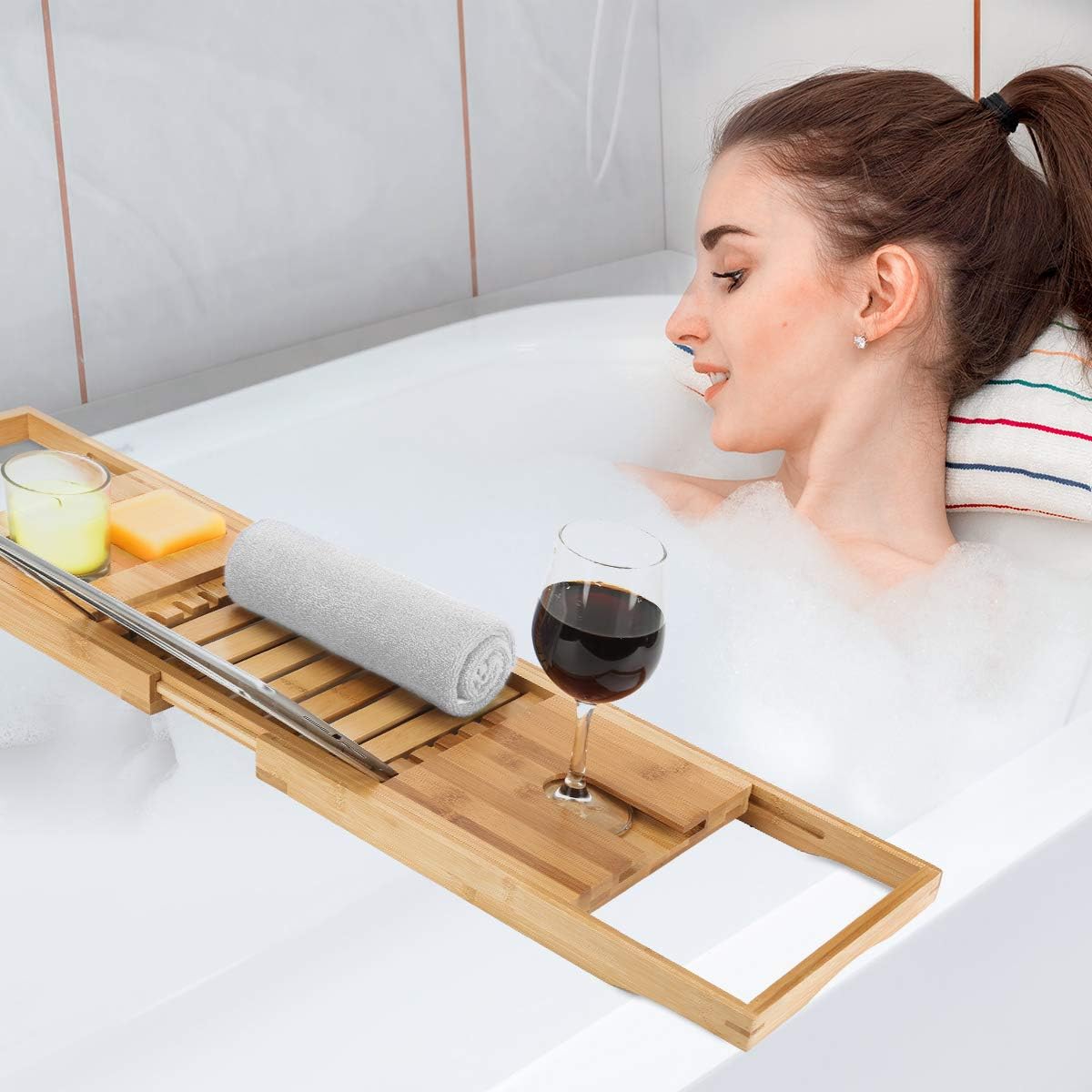 Woodluv Extendable Bath Tray, Bathtub Caddy Tray with Wine Glass, Candle, Book Holder, iPad & Phone Holders, Bathroom Accessories - Image 3