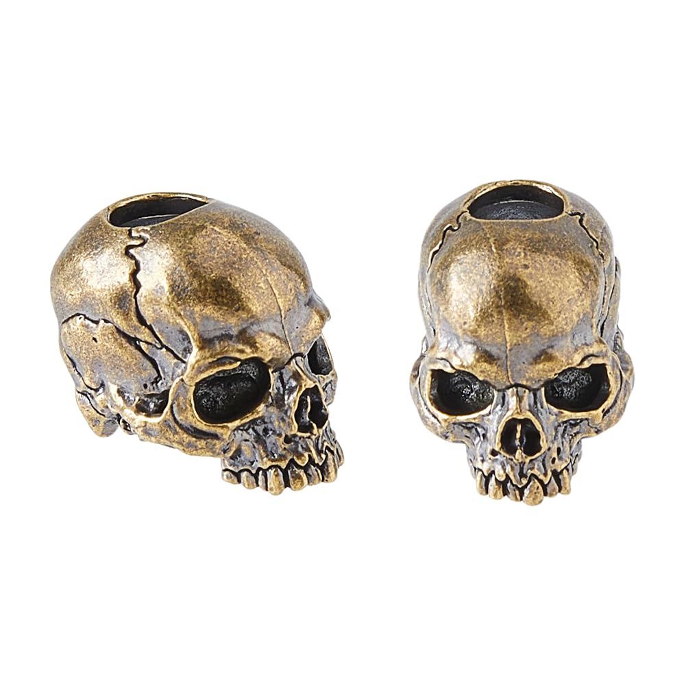 SUPERFINDINGS 2PCS Skull Brass Cord Beads EDC for Lanyard, Keychain, Bracelet Making - Hole: 6mm