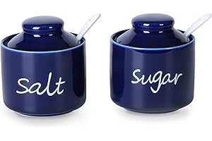 ONTUBE 8oz Sugar and Salt Bowls with Lid and Spoon, Ceramics Condiment Pots,Seasoning Jar Spice Container for Kitchen,Dishwasher Safe (Navy)