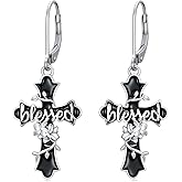 Blessed Earrings 925 Sterling Silver Black Cross Flower Leverback Dangle Drop Earrings Faith Christian Religious Jewelry Gift for Women