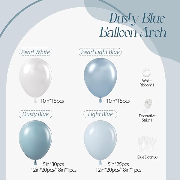 130PCS DUSTY BLUE BALLOON ARCH KIT, DUSTY LIGHT BLUE PEARL WHITE BALLOONS FOR BABY SHOWER BRIDAL SHOWER WEDDING BIRTHDAY PARTY DECORATIONS