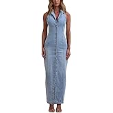 Unybwonn Women's Casual Button Down Maxi Denim Dresses Sexy Bodycon Sleeveless V Neck A-Line Long Jean Skirt Dress