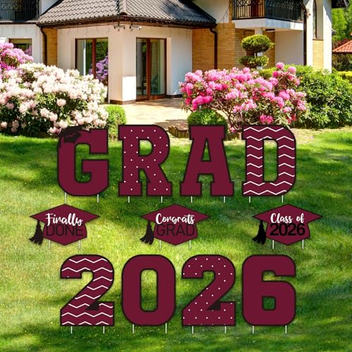 Tatuo 11 Pcs Graduation Yard Sign Decorations Congrats Graduation Lawn Signs 2025 Grad Yard Decor with 23 Stakes for Outdoor Grad Party(Simple Style,Maroon)