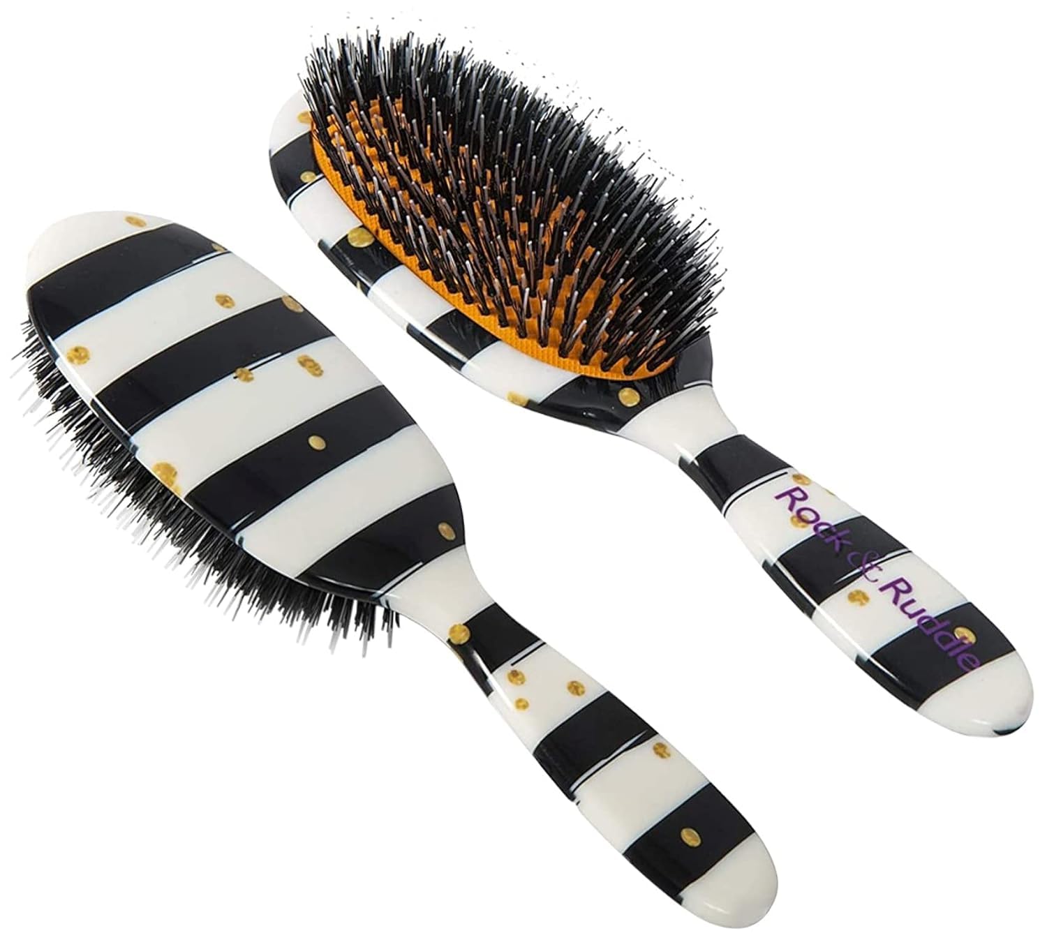 Rock & Ruddle Natural Mixed Boar Bristle Hair Brush for Women and Kids (Small/Travel Size, 17.5cm) - Perfect for Wet or Dry Hair, Detangling Smoothing Blowdrying - Made in UK - Black & White Stripes