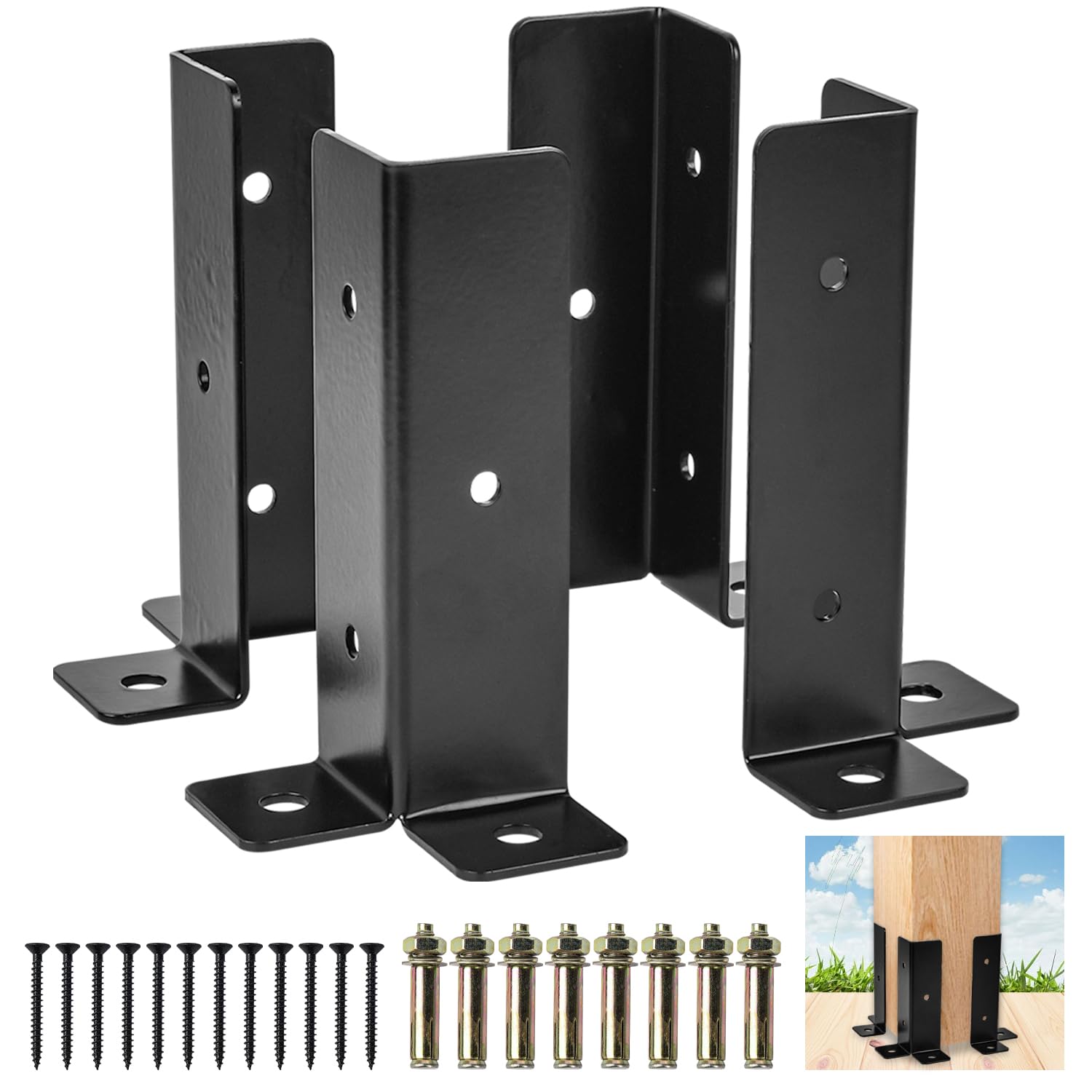 4PCS Adjustable Deck Post Anchor Base Brackets Kit Fit 1.5x1.5,2x2,2x4,4x4 Post, Heavy Duty Wood Fence Pergola Post Base Brackets Mailbox Brackets for Pergola Deck Railing Mailbox