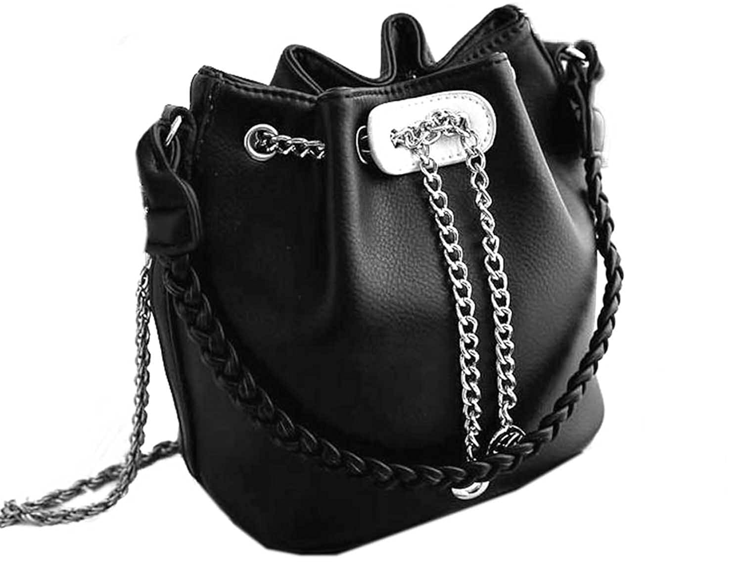di grazia womens shoulder sling bucket cross body bag (black, black-silver-chain-bucket-handbag)