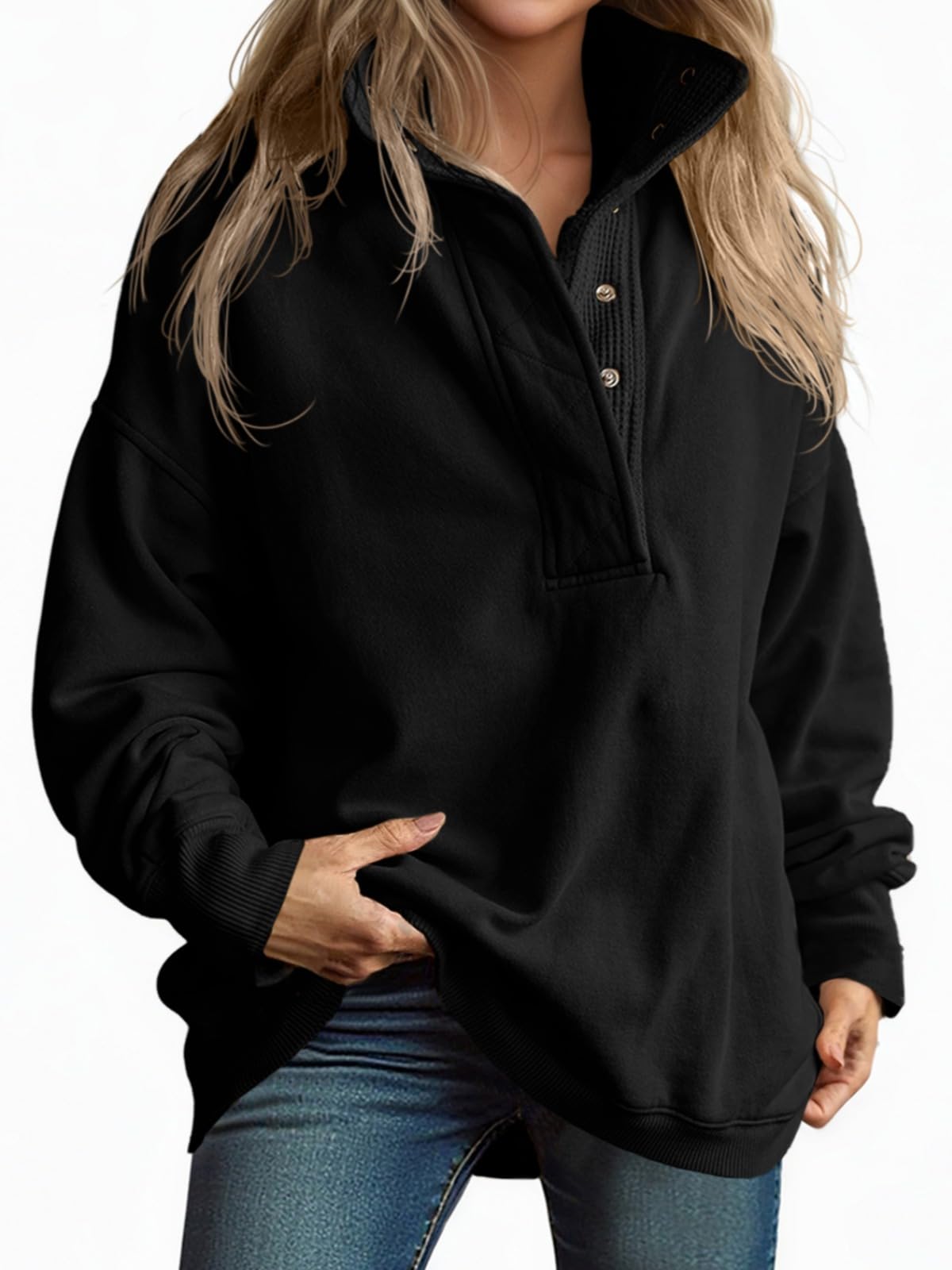 Photo 1 of Fisoew Womens Oversized Sweatshirt Casual Snap Stand Collar Long Sleeve Pullover Tops Fall Travel Outfits Black