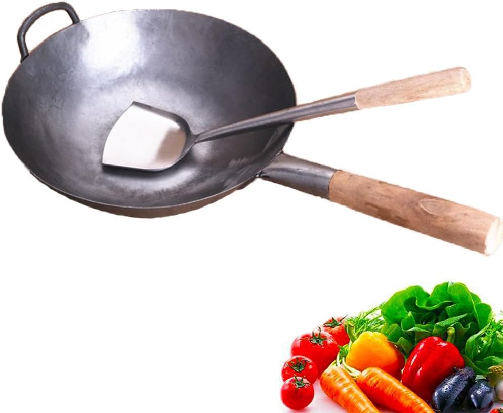 Ancoree Wok Stir-Fry Pan,Chinese Pan Iron Wok Traditional Hand Hammered Uncoated Wrought Iron Wok Cookware with Helper Wooden, 12inch Round Bottom Wok with Wok Turner