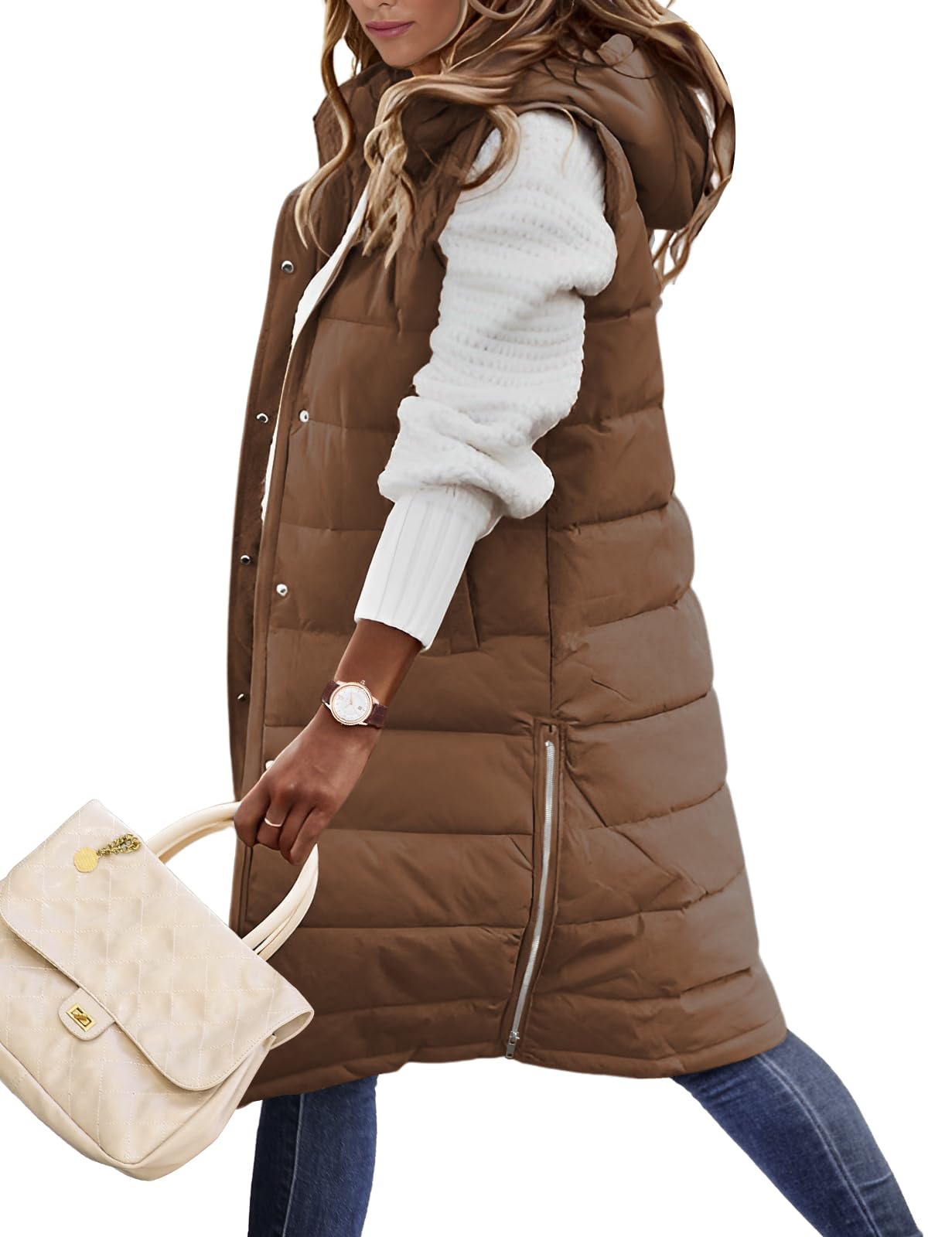 Photo 1 of Jyanl Womens Puffer Vest Jackets Warm Winter Coats Long Quilted Vest Hooded Vest Casual Zip Up Jackets Sleeveless Outerwear Vest with Pockets