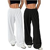 RoseSeek Girl's 2 Packs Wide Leg Pants Drawstring Waist Low Rise Casual Trousers Trackpants