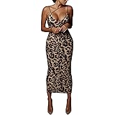 PRIMODA Women's Sexy Neon Asymmetrical Spaghetti Strap Dress Deep V-Neck Sleeveless Bodycon Midi Club Dress