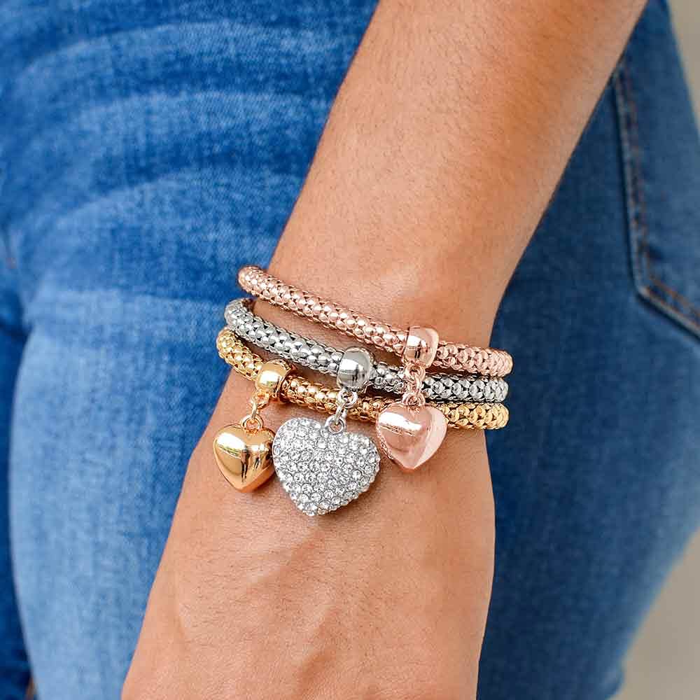 SILANER Crystal Charms Multilayer Bracelets - 3PCS Gold/Silver/Rose Gold Corn Chain Bracelet for Women, Tree of Life Heart Shaped Stretch Bracelet