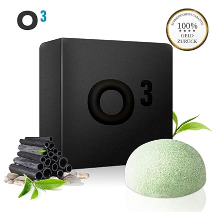 O³ Seife Bambuskohle // natürliche, handgemachte Seife // inklusive Konjak-Schwamm // Naturseife reinigt Porentief // Für Ges