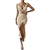 SweatyRocks Women's Deep V Neck Sleeveless Twist Dress Cut Out Split Tie Front Fitted Long Dresses